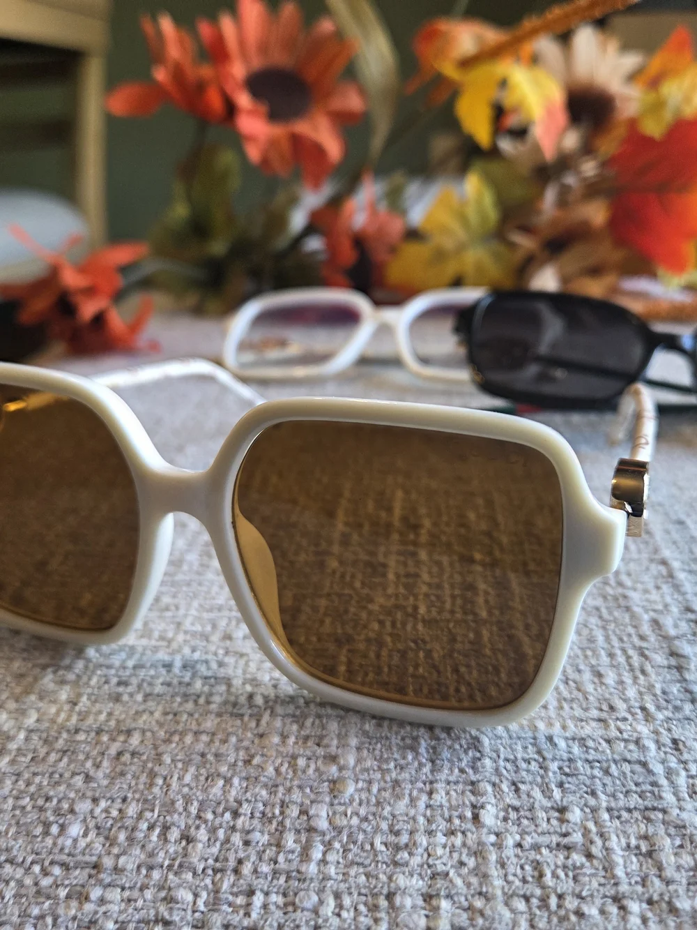 Women's White Sunglasses with Gold Accents